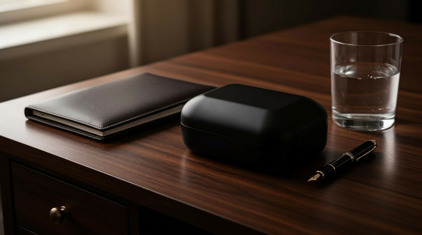 The Parker Layne case on a dark walnut desk